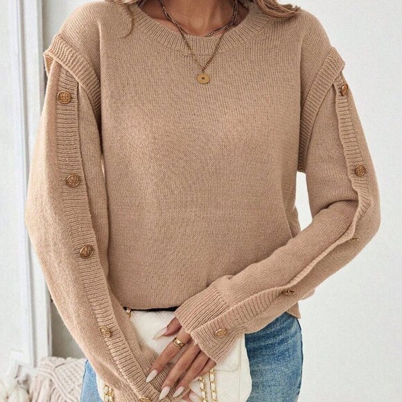 Khaki Casual Women's Solid Color 2 In 1 Sweater - Picture 2 of 6